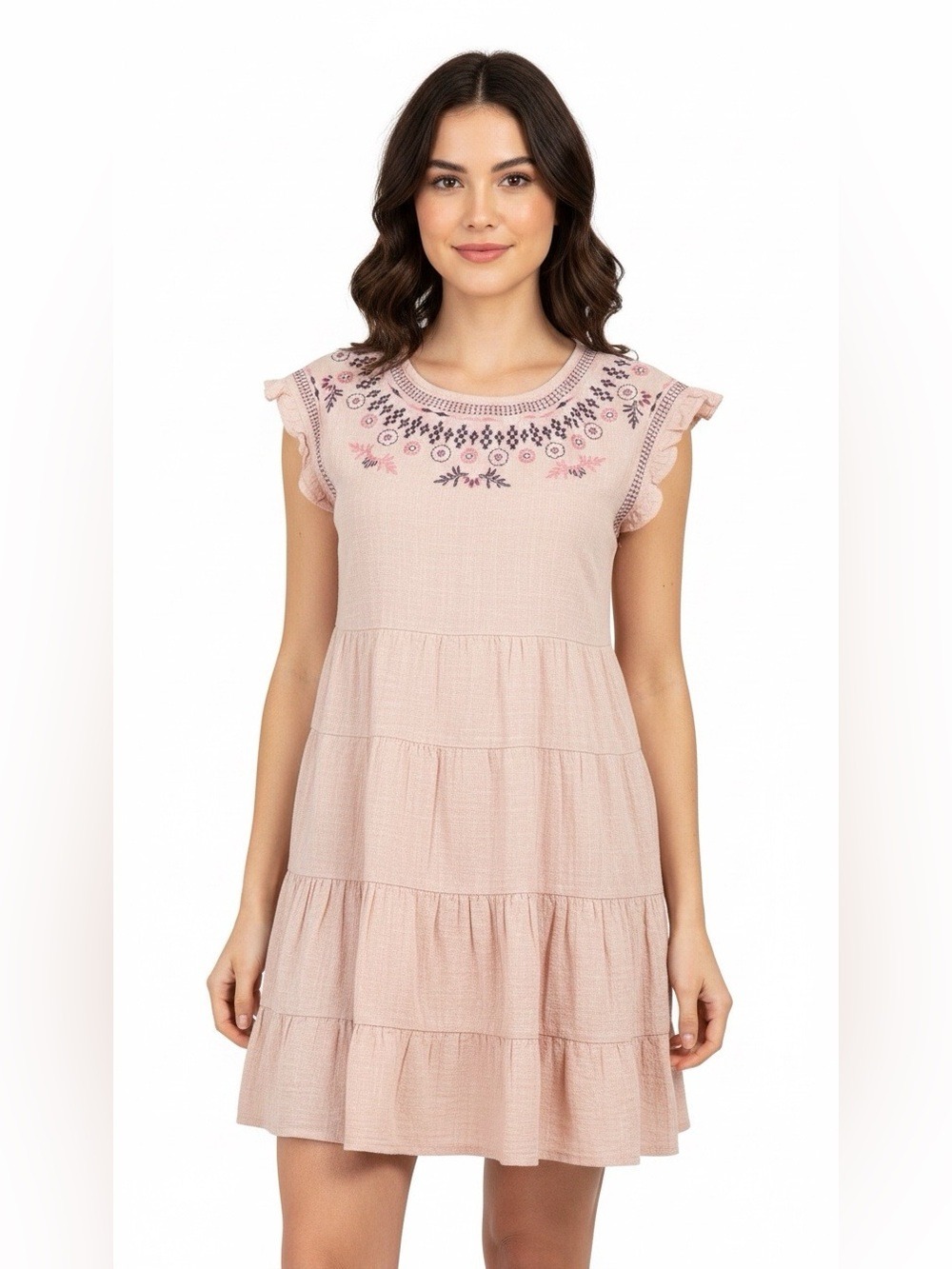 Knox Rose Blush and Navy Embroidered Cotton Mini Dress XS